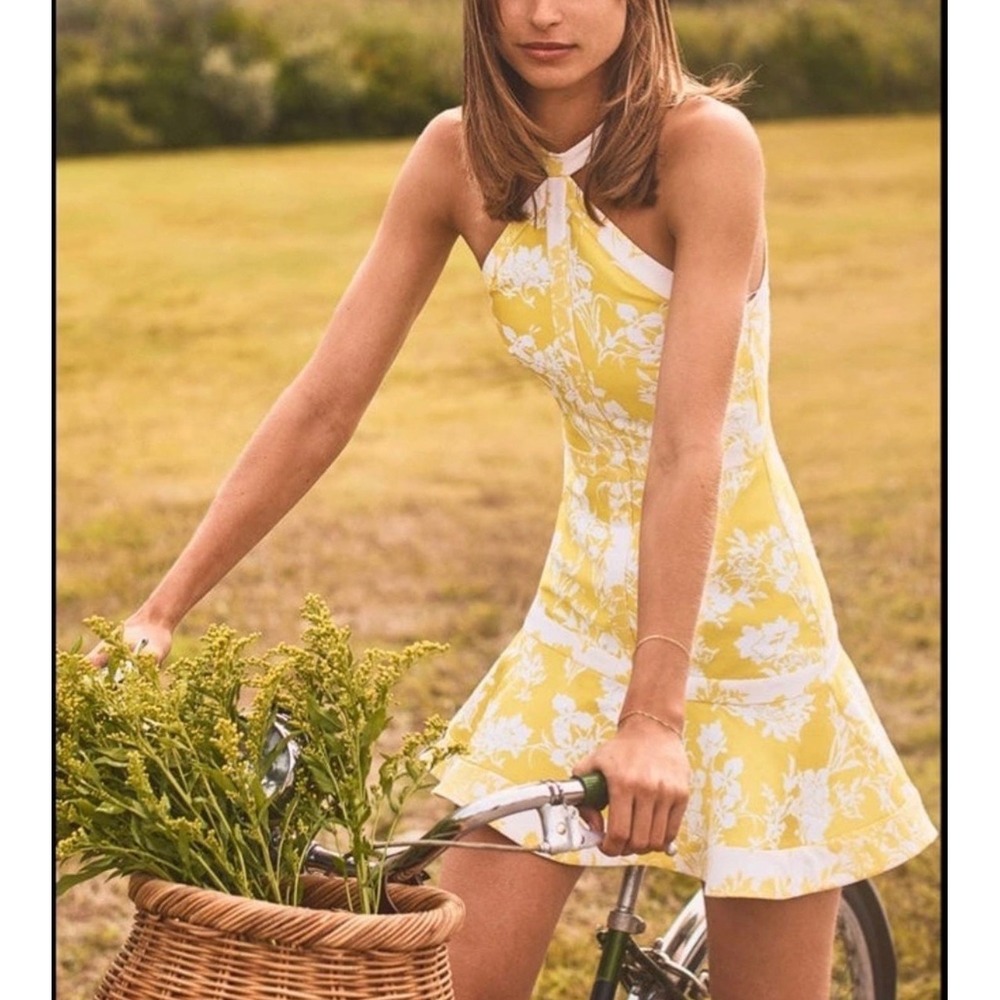 Alexis Yellow White Floral Jacquard Halter Mini Dress Size L